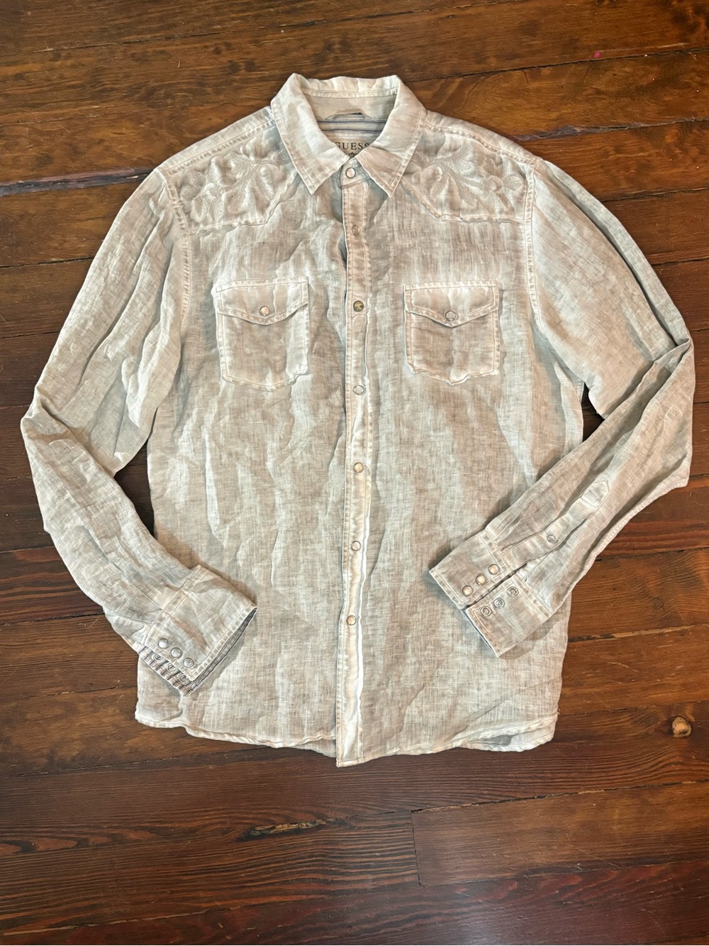 Guess washed green gray embroidered popper long sleeve shirt top size M